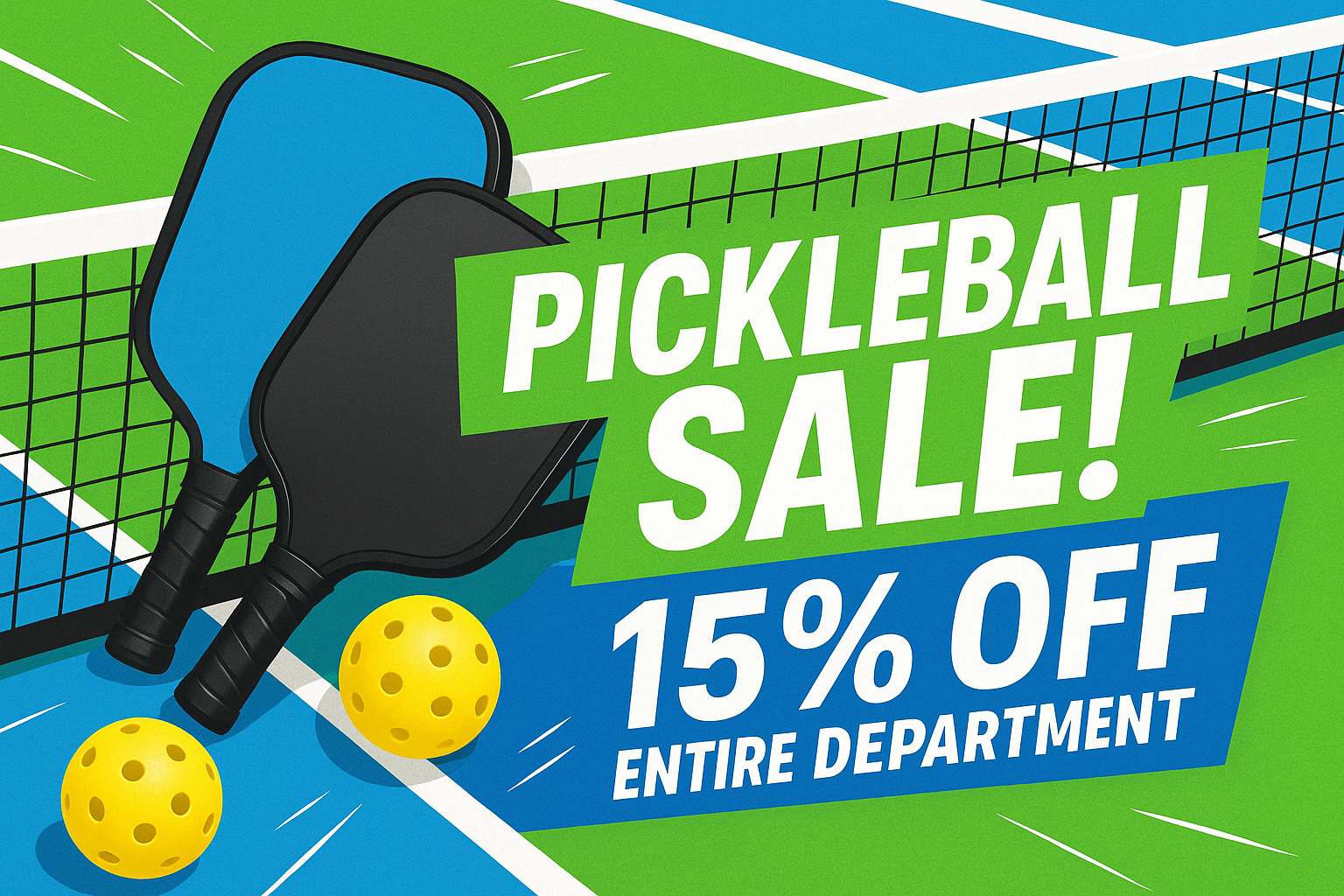 Create a banner that is pickleball themed, that says "Pickleball Sale! 15% off of the entire department"