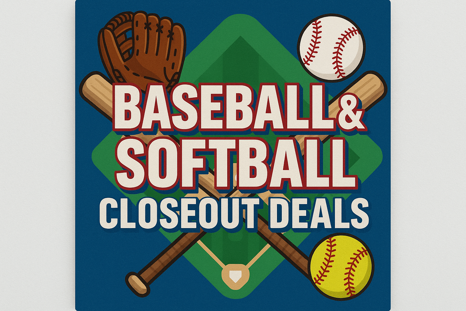 Create a square banner that is baseball themed that says "Baseball & Softball Closeout Deals"